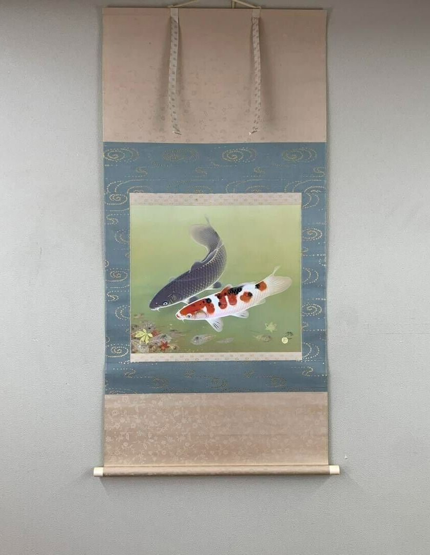 Vintage Japanese Hanging Scroll Kakejiku Art Painting Carps