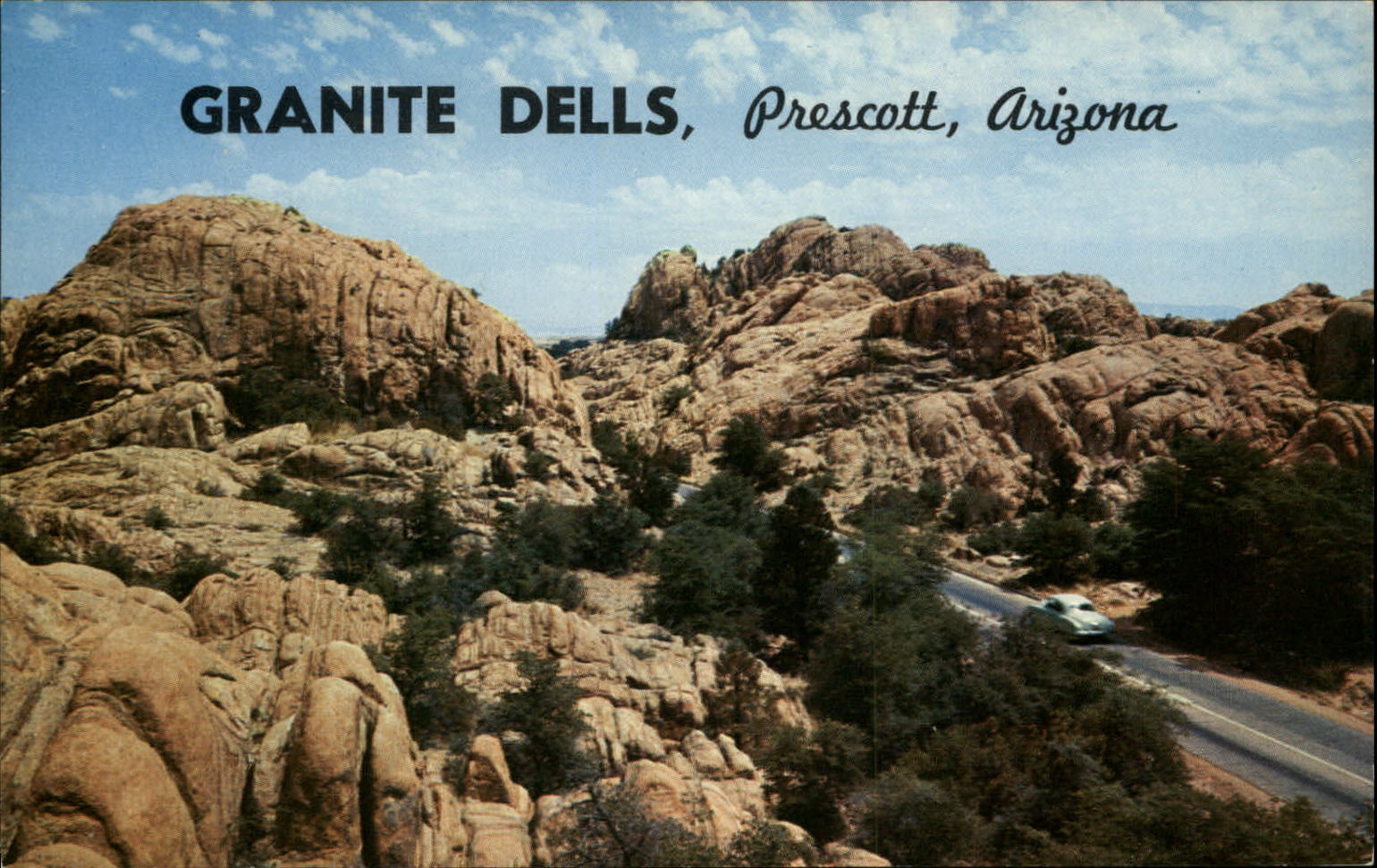 Prescott Arizona Granite Dells US Route 89 1950s car aerial vintage postcard