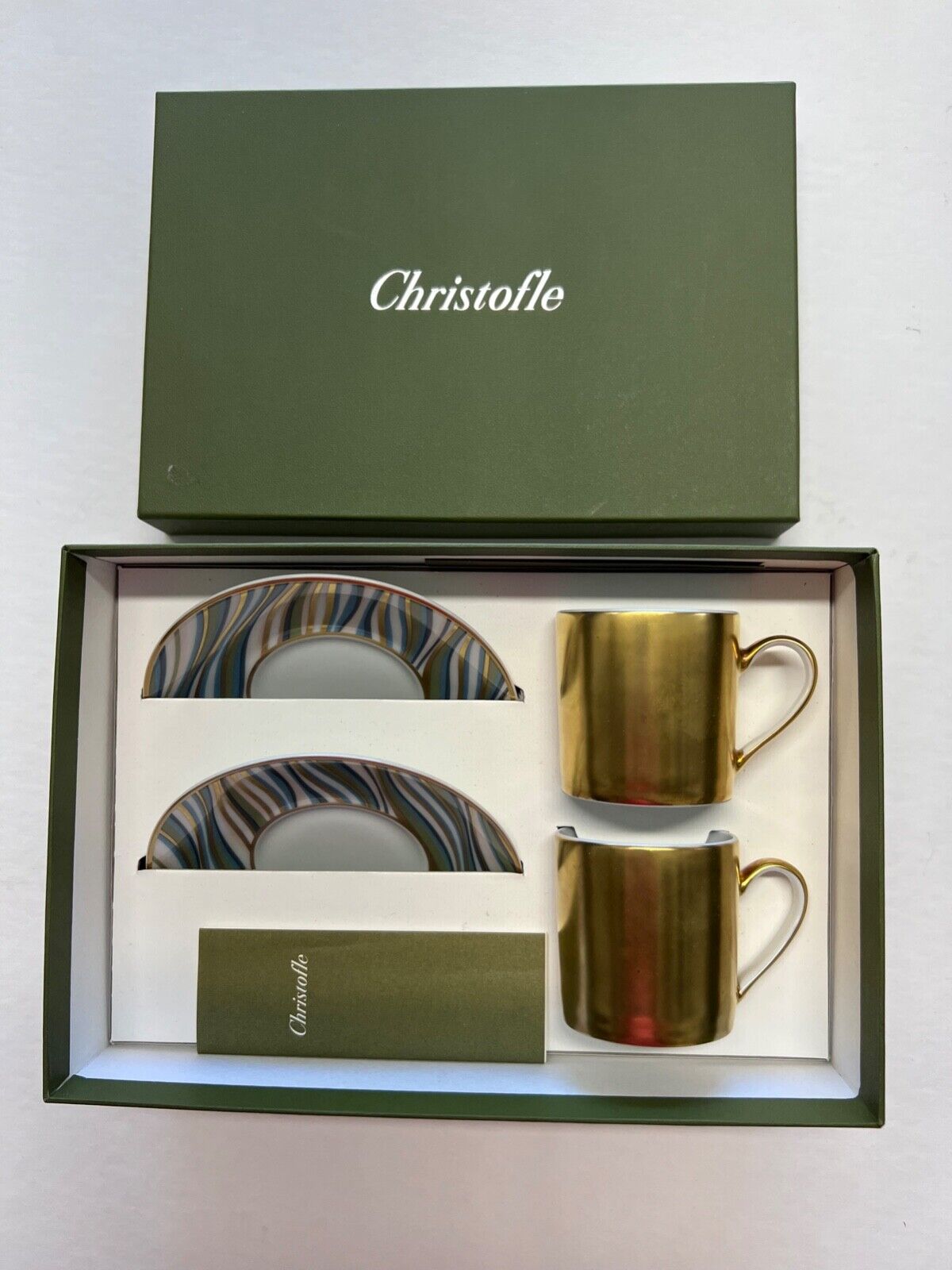 Christofle Porcelain Café Set for 2 Tete-a-Tete Vagues Hand-Applied Gold NEW