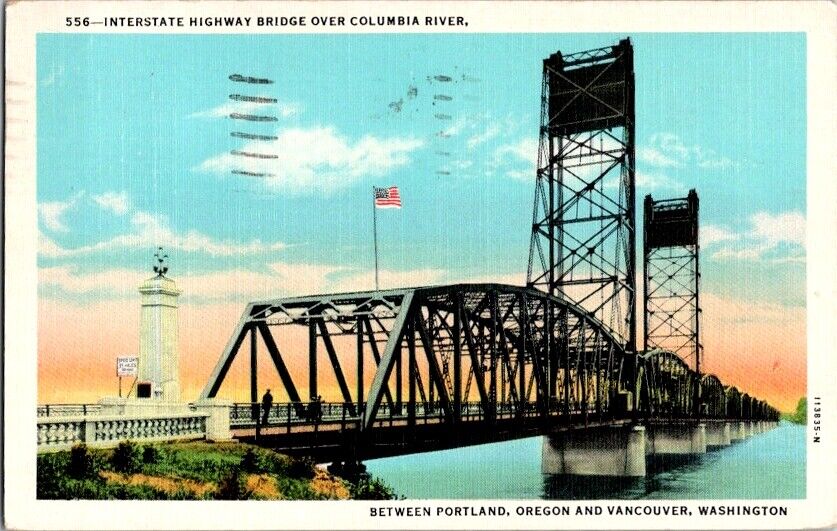 Postcard Interstate Bridge Vancouver WA Washington Portland OR Oregon 1947 L-203