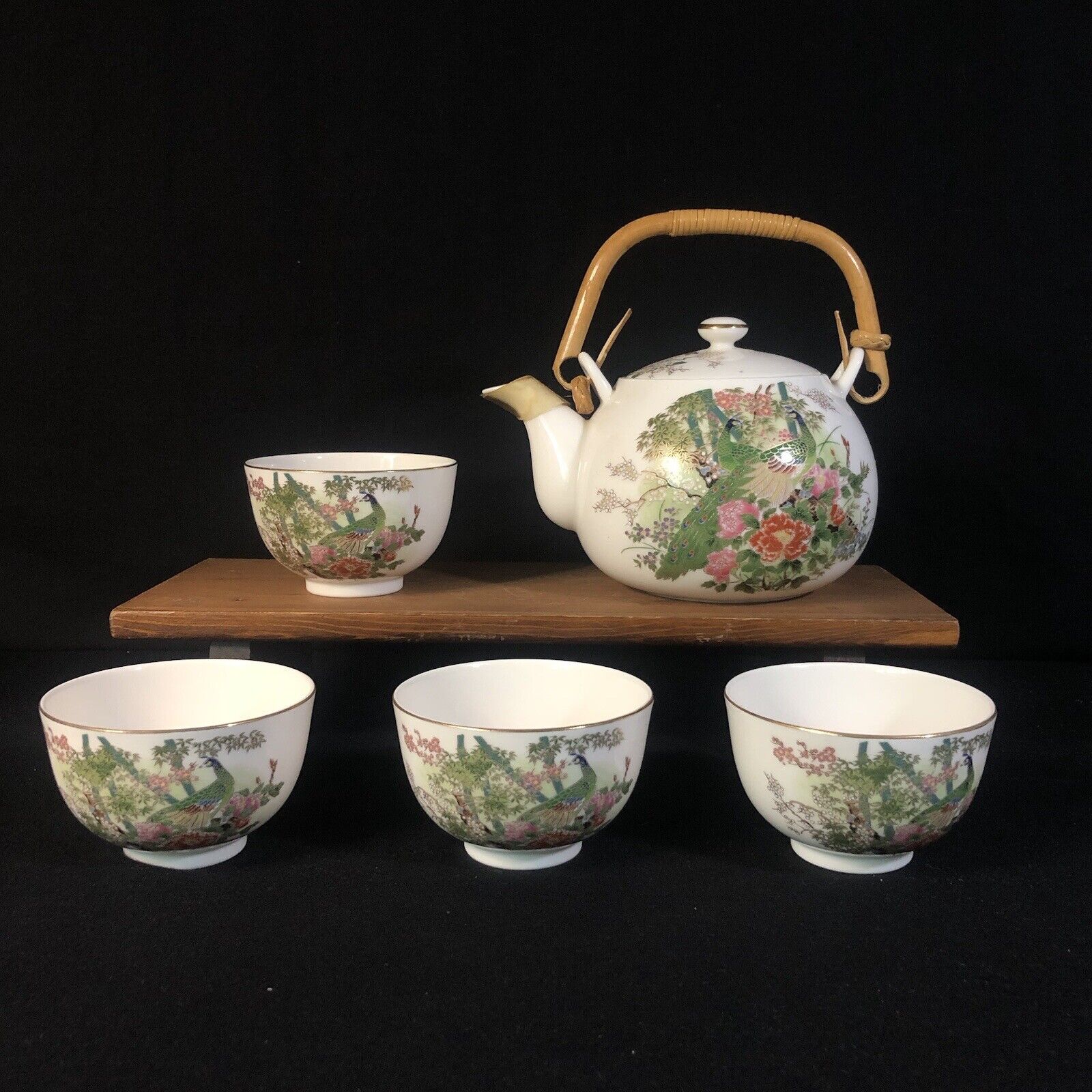 Vintage OMC Japan Tea Set  Pot & 4 Cups - PEACOCK