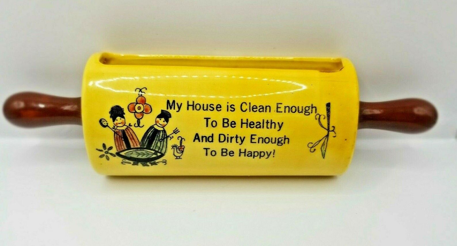 Vtg. Norcrest Rolling Pin Wall Pocket - My House is Clean Enough..Yellow- Japan