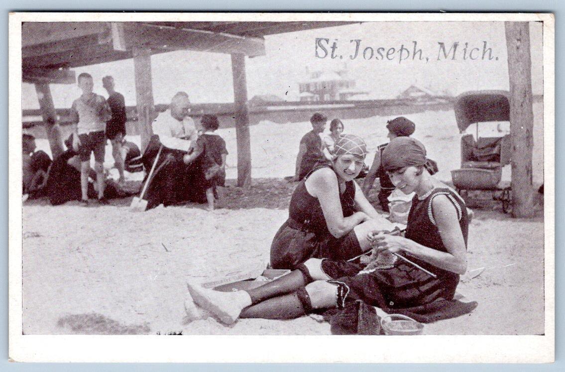 1910's ST JOSEPH MICHIGAN WOMEN KNITTING BEACH ANTIQUE BATHING SUITS POSTCARD