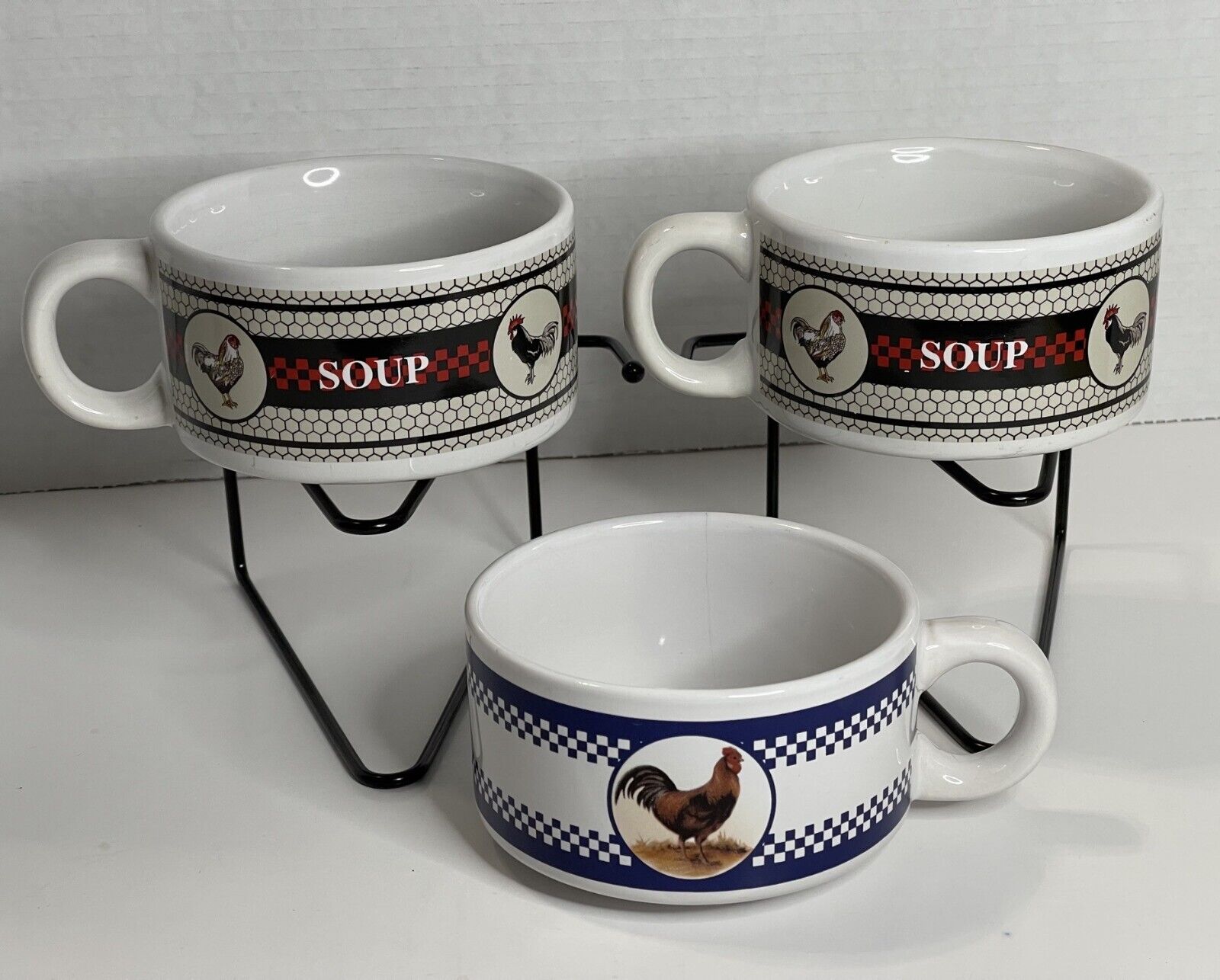 Vintage Set of 3 Soup Mugs Rooster Farmhouse by Houston Harvest 12 Oz.