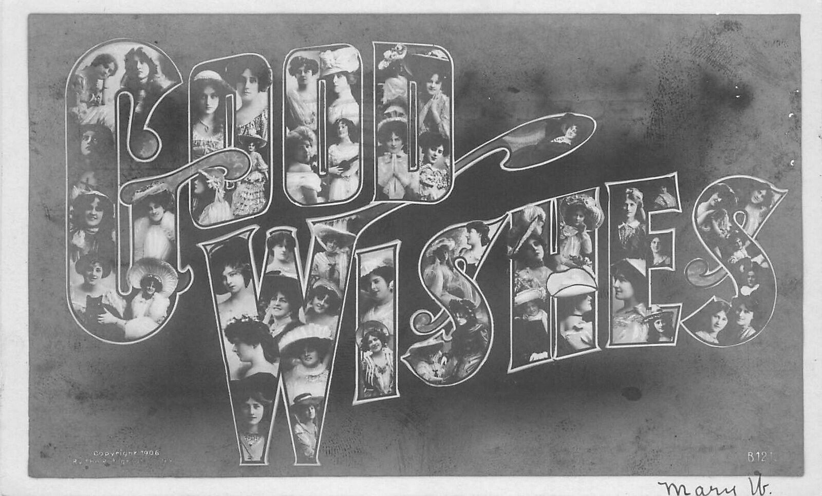 Postcard RPPC 1906 Large letters Good wishes women multi View 23-11915