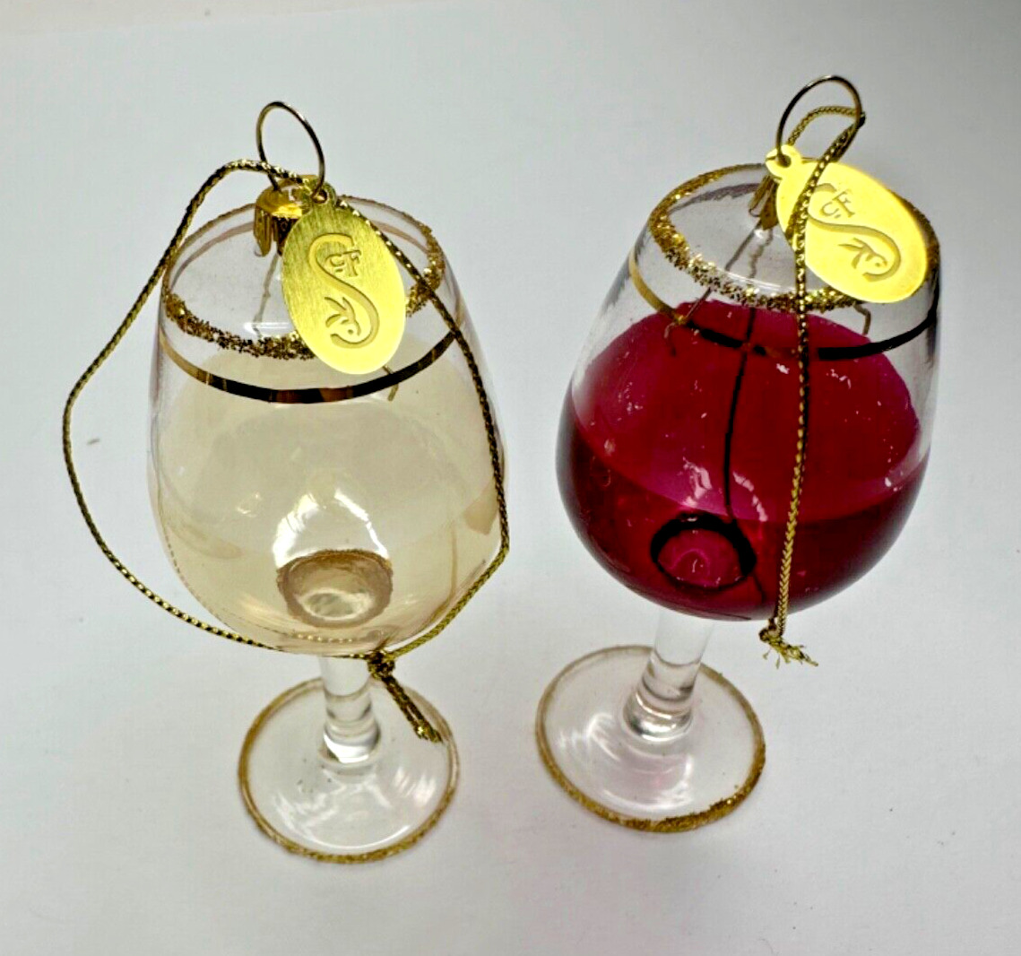 SCF BLOWN MINI WINE GLASSES CHRISTMAS ORNAMENT TRIMMED GOLD & GLITTER Red White