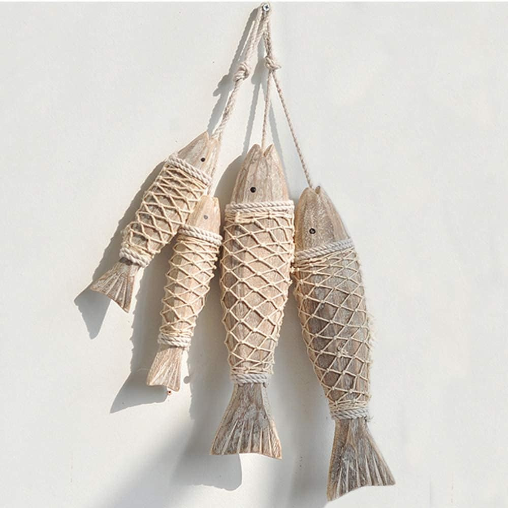 4 Pack Antique Hand Carved Wood Fish Sculpture Decor Ornament with Fishing Net, 