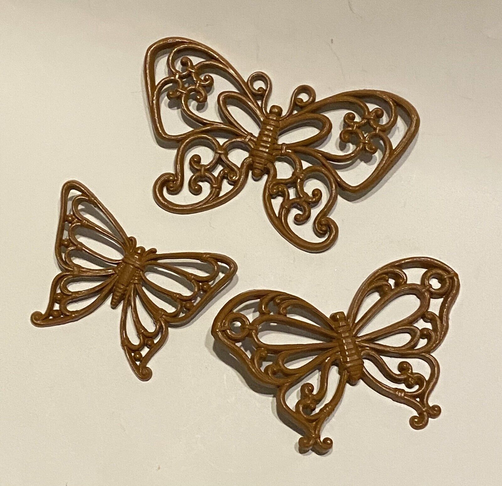 3 Vintage Boho Brown Syroco Homco 70\'s Butterflies Wall Decor MCM Made in USA