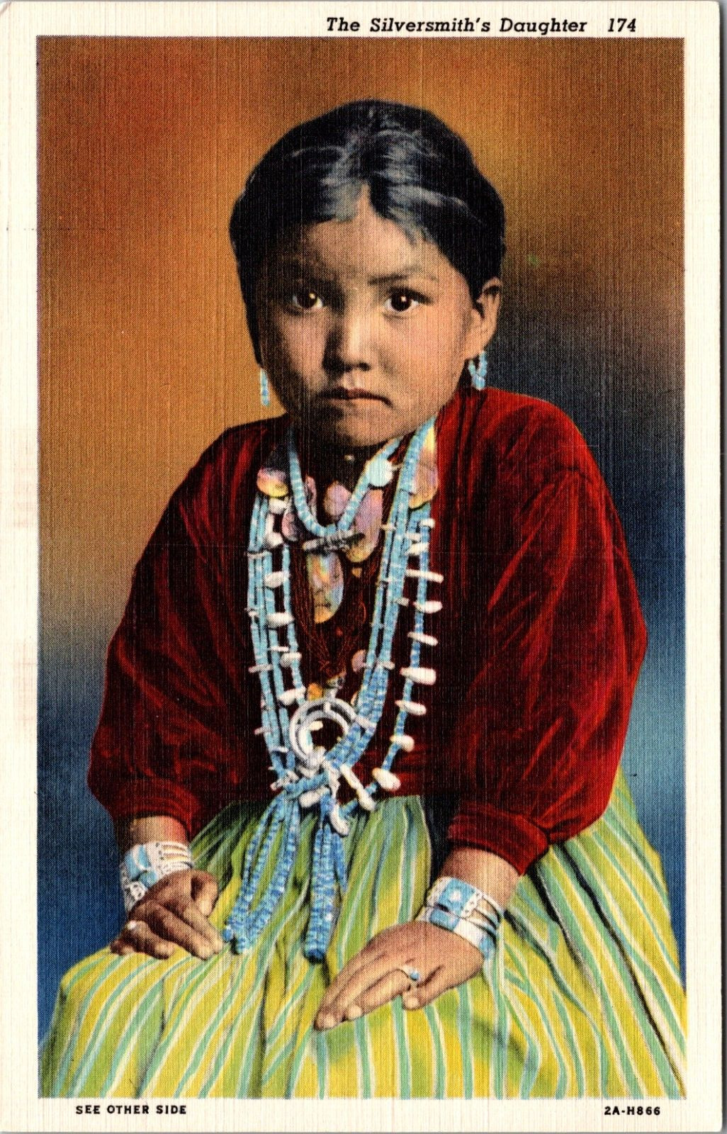 Navajo Indian Girl Silversmiths Daughter Linen Vintage Postcard L52