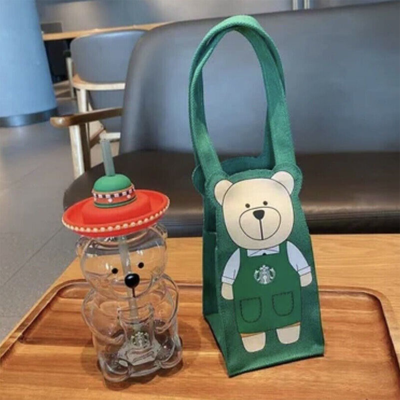 New Starbucks Latin American Glass Bear Bottle With Bear Tumbler Green Carry Bag