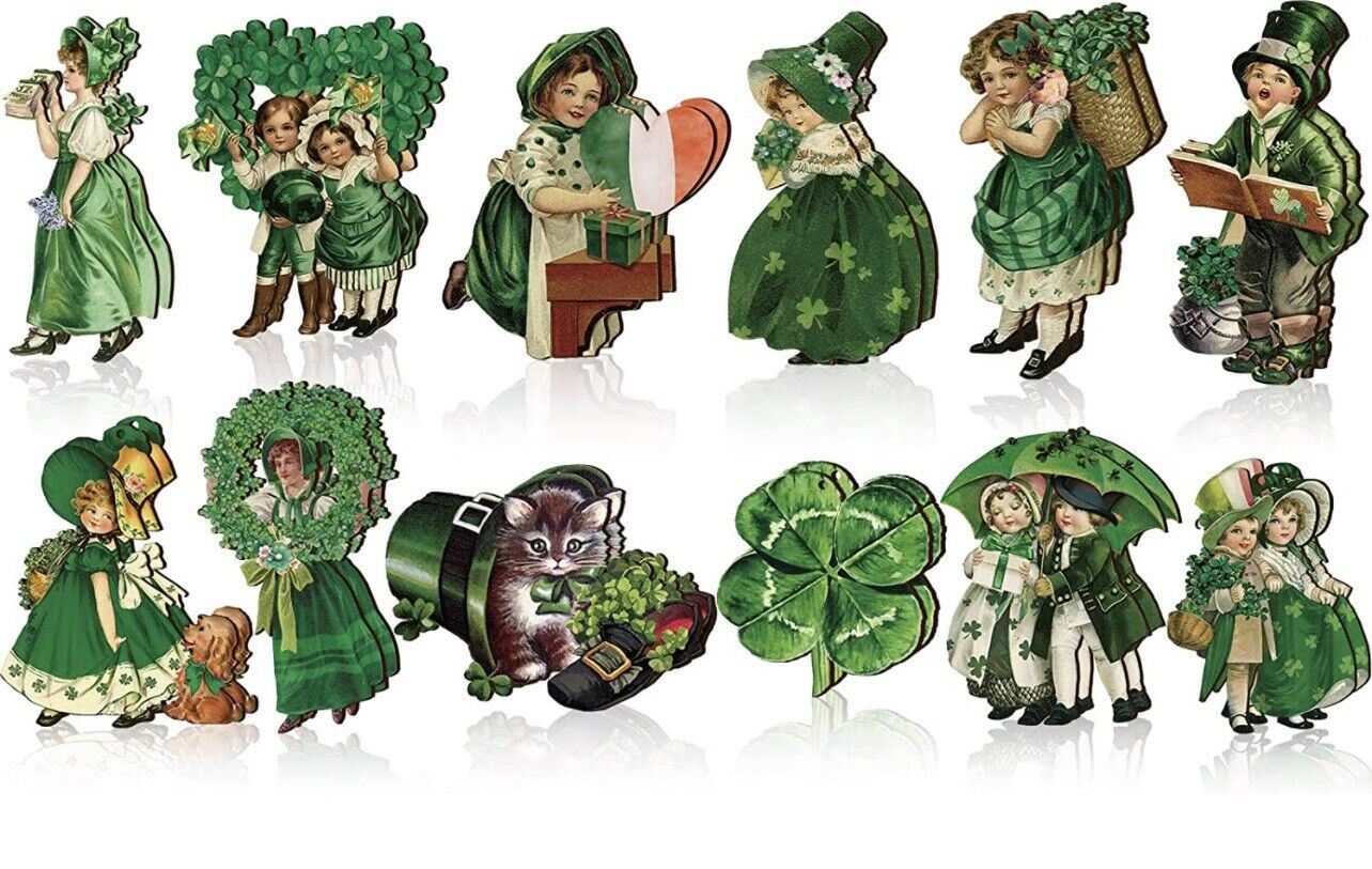 St. Patrick’s Day - 4 Leaf Clover wooden “Vintage” hanging ornaments set of 10