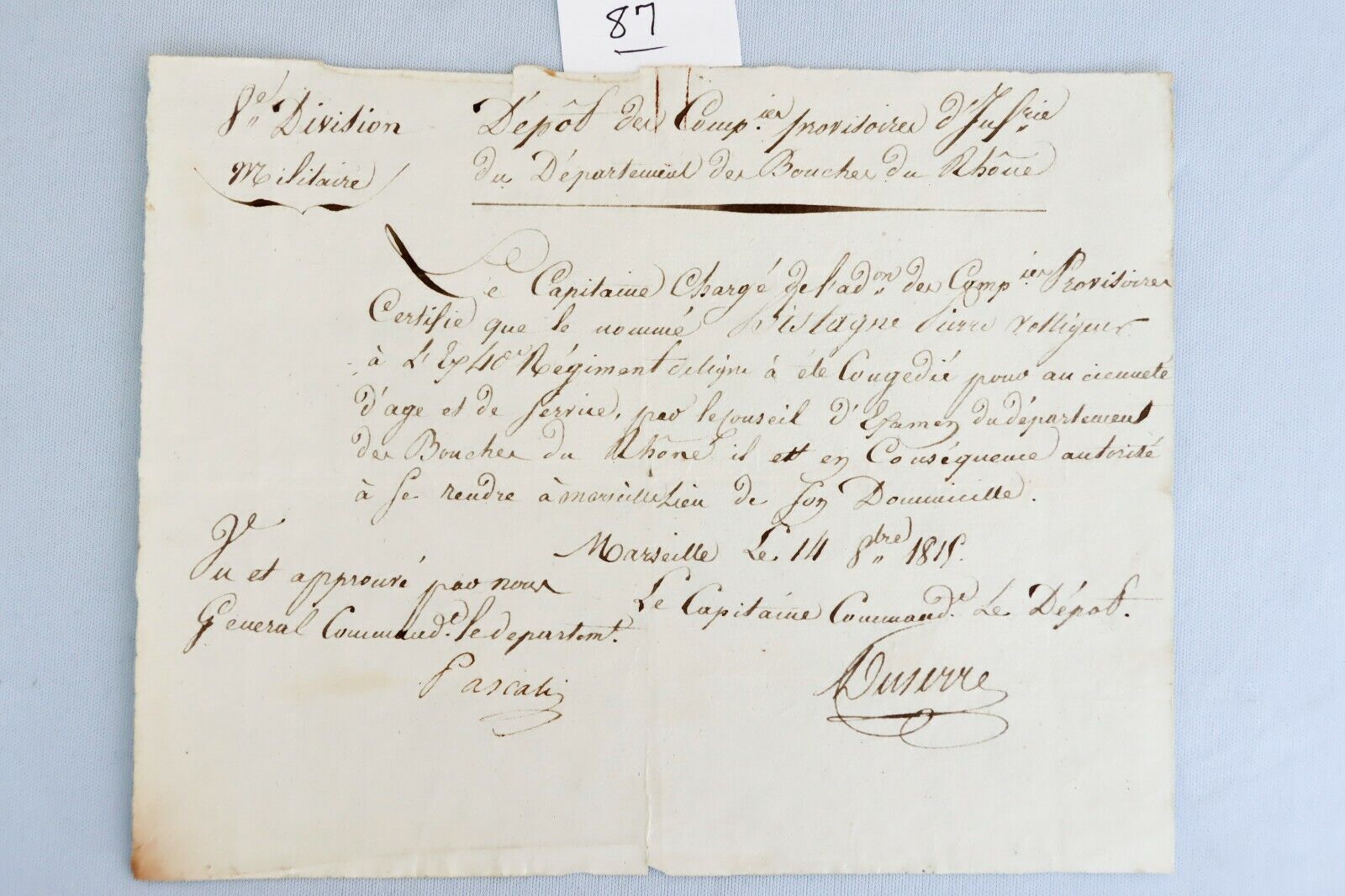1815 France Army Certificate Napoleon Waterloo Battle War
