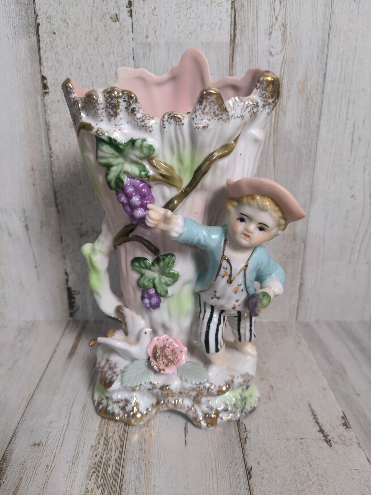 Antique Camille Naudot  French Victorian Figurine Vase, Boy Picking Grapes, 7\