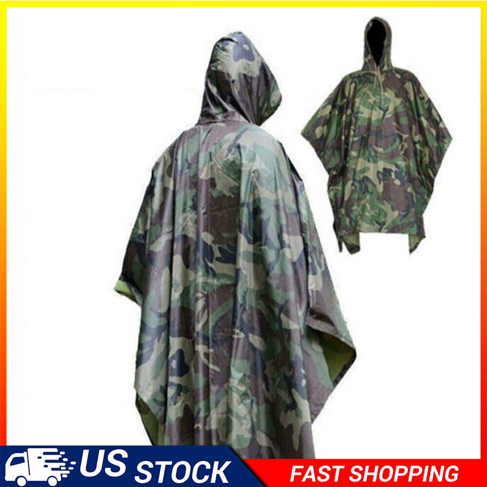 Military Woodland Ripstop Wet Weather Raincoat Poncho Camping Hiking Camo