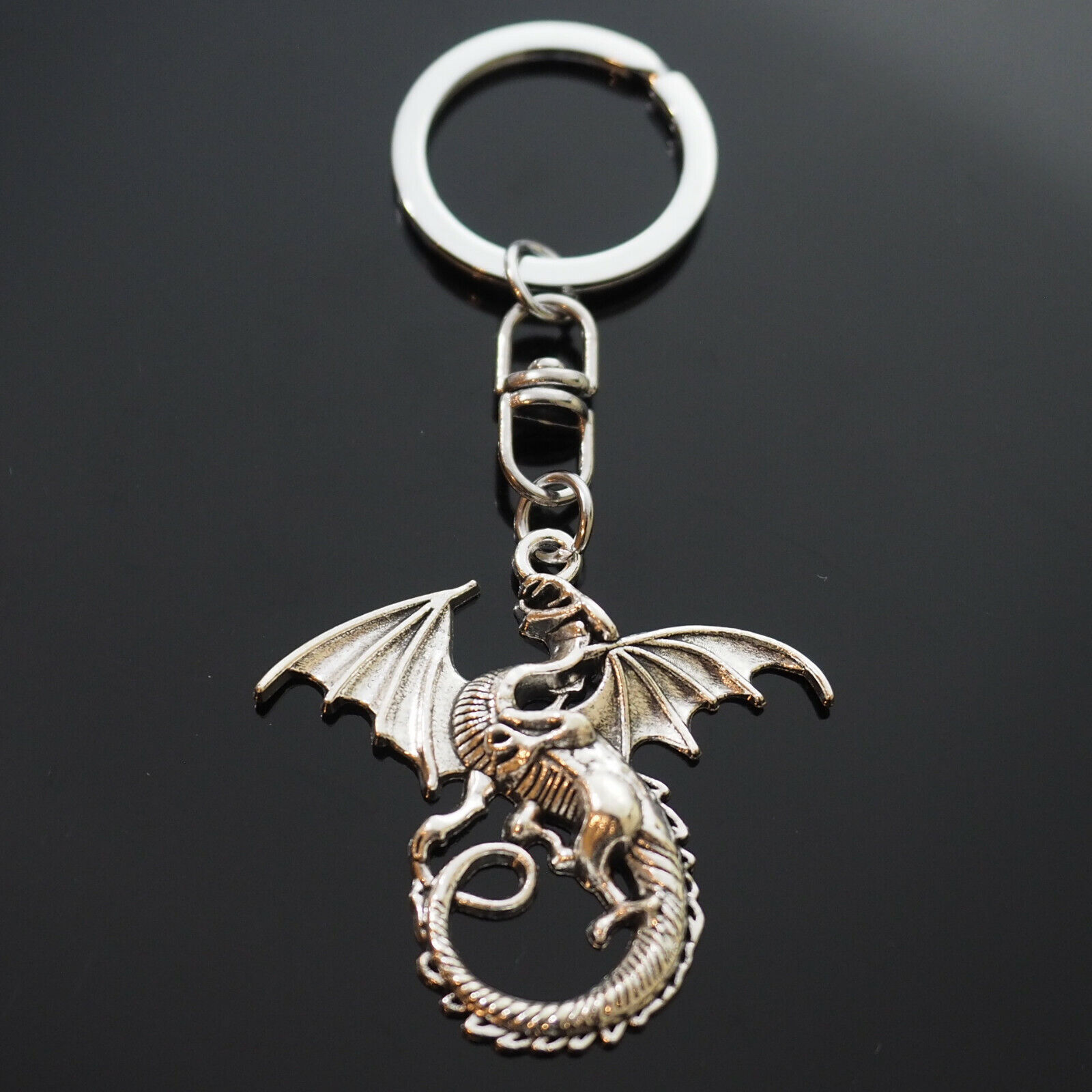 Winged Dragon Long Tail Silver Keychain Swivel