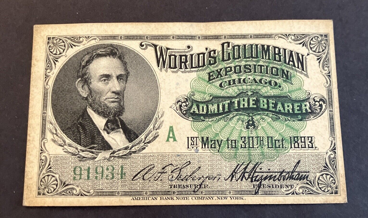 1893 World\'s Columbian Exposition Ticket Chicago Abraham Lincoln Portrait