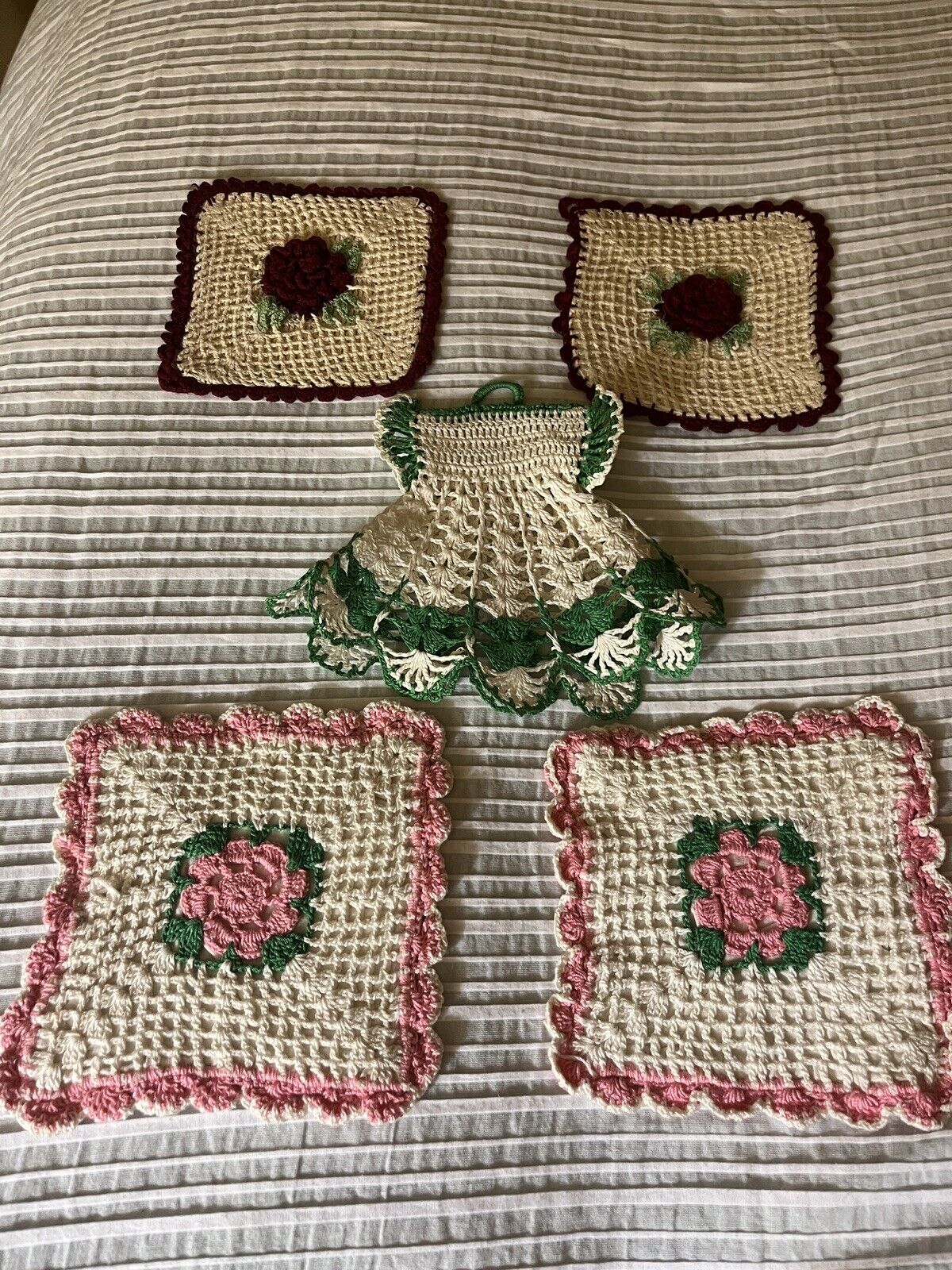 Vintage Crochet Tatted Pot Holders Roses Dress
