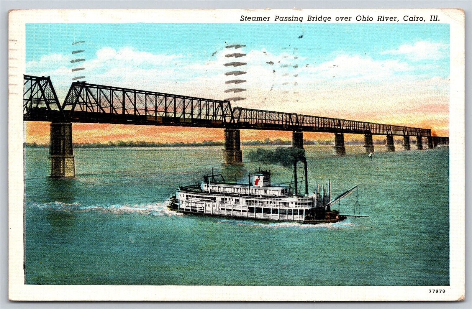 Postcard Steamer Passing Bridge over Ohio River, Cairo IL B58