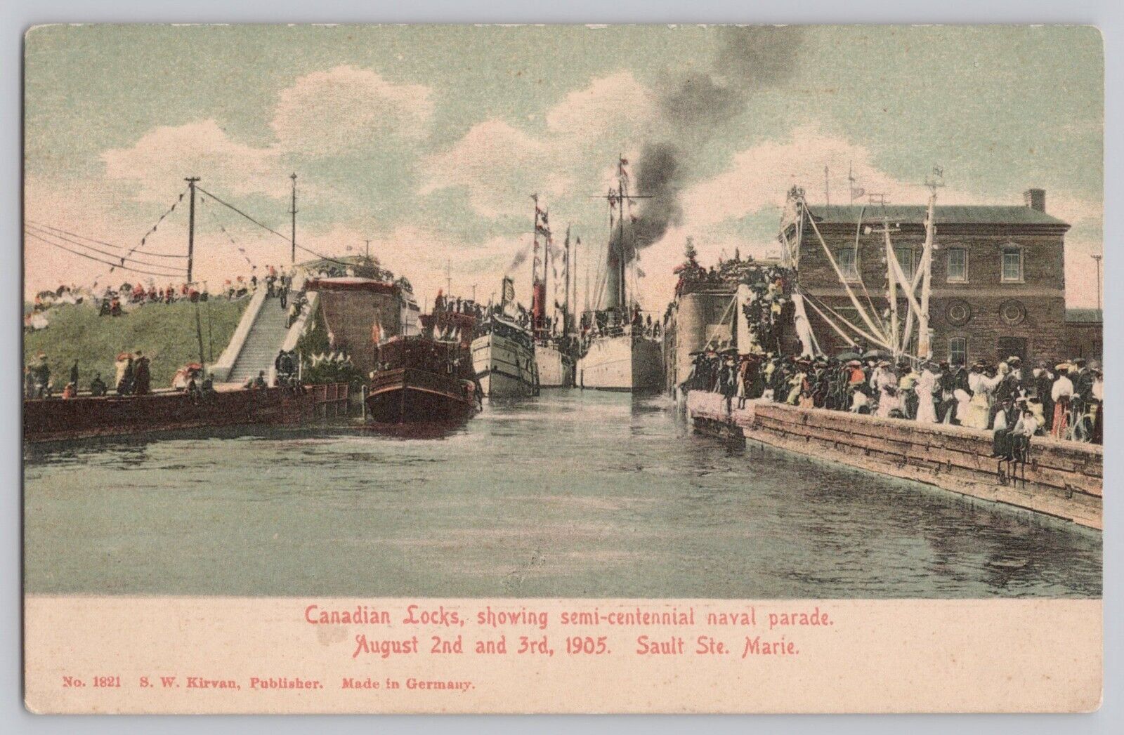 Postcard Sault Ste Marie Canada Canadian Locks Semi Centennial Naval Parade 1905