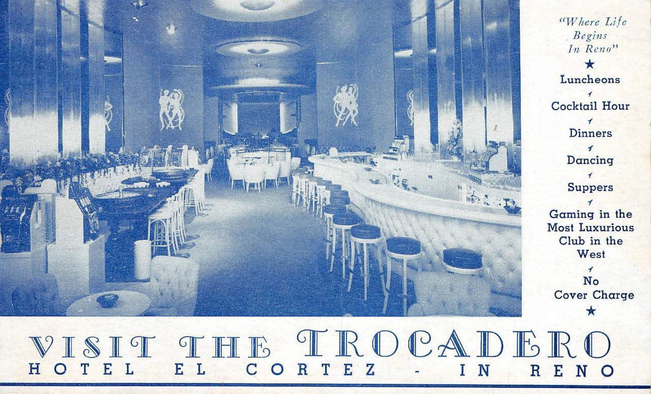 HOTEL EL CORTEZ Reno, Nevada Trocadero Bar & Restaurant c1940s Vintage Postcard