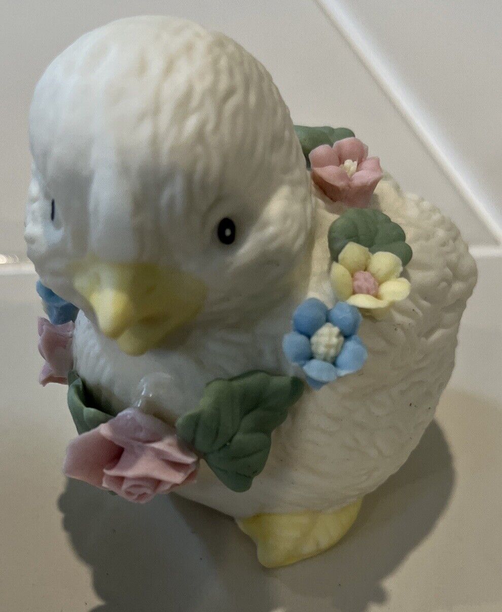 ceramic chick figurine white with floral necklace 
