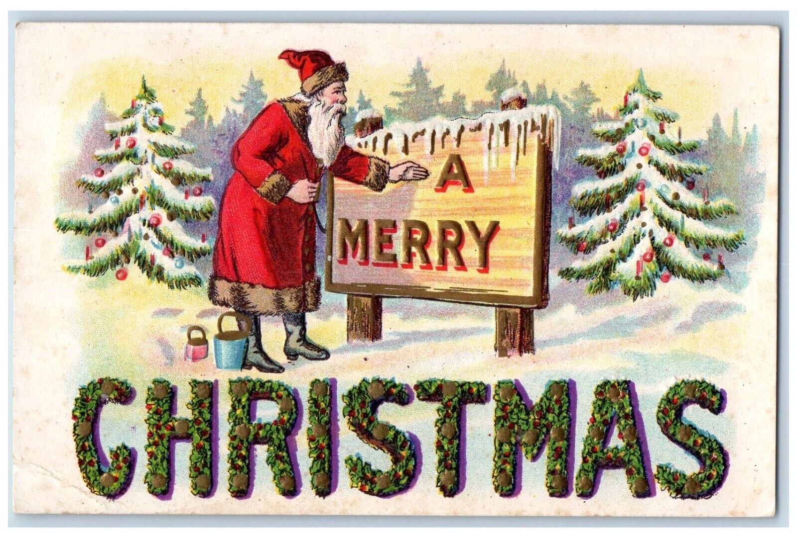 c1910\'s Christmas Tree Santa Claus Painter Large Holly Letters Embossed Postcard