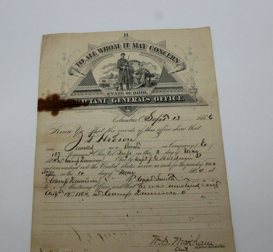Ohio Adjutant General\'s Office 1886 Document Civil War Soldier Enrollment Muster
