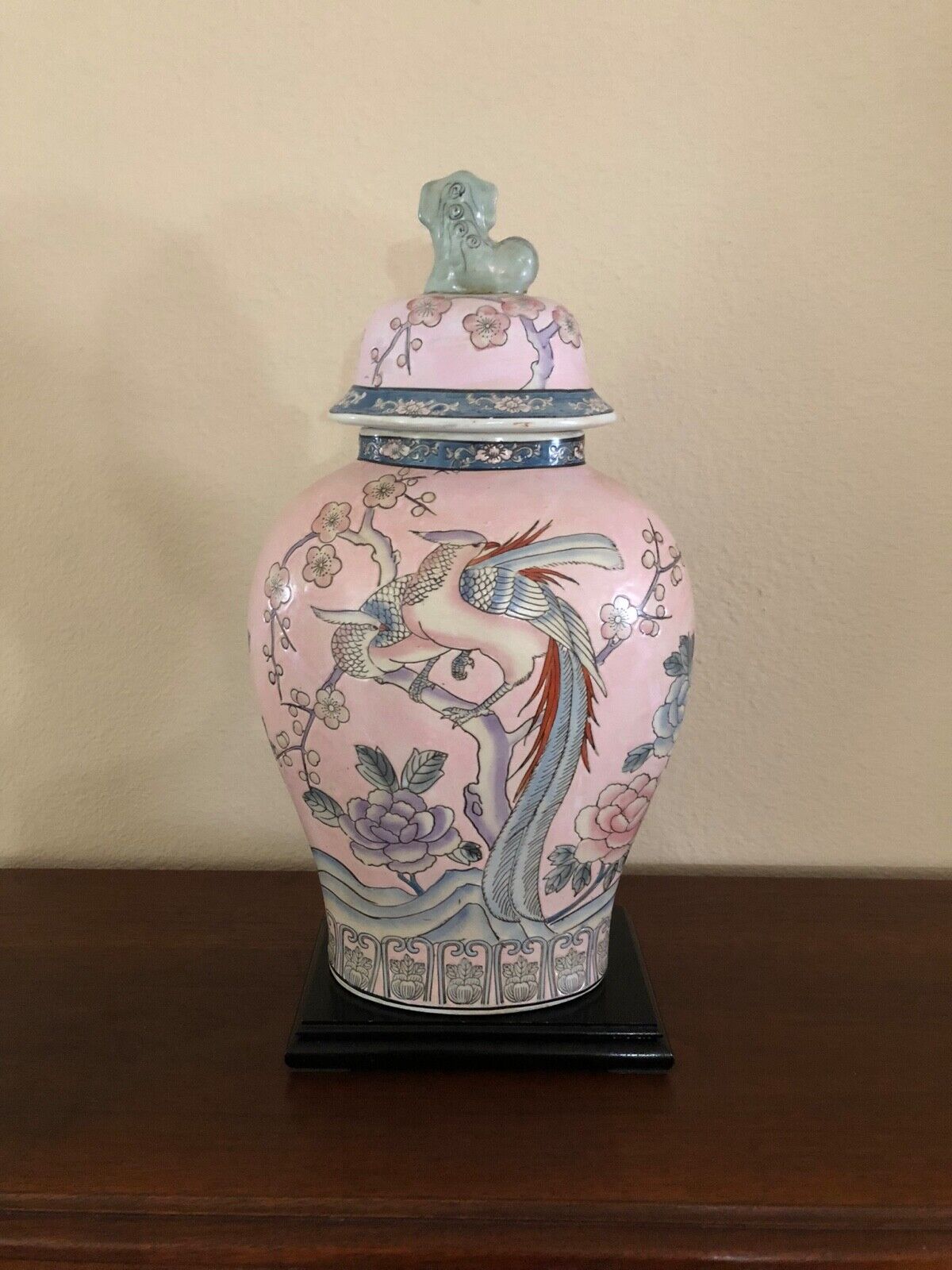 Vintage Japanese Porcelain Temple Jar with Foo Dog Finial, Pink with Bird Motif