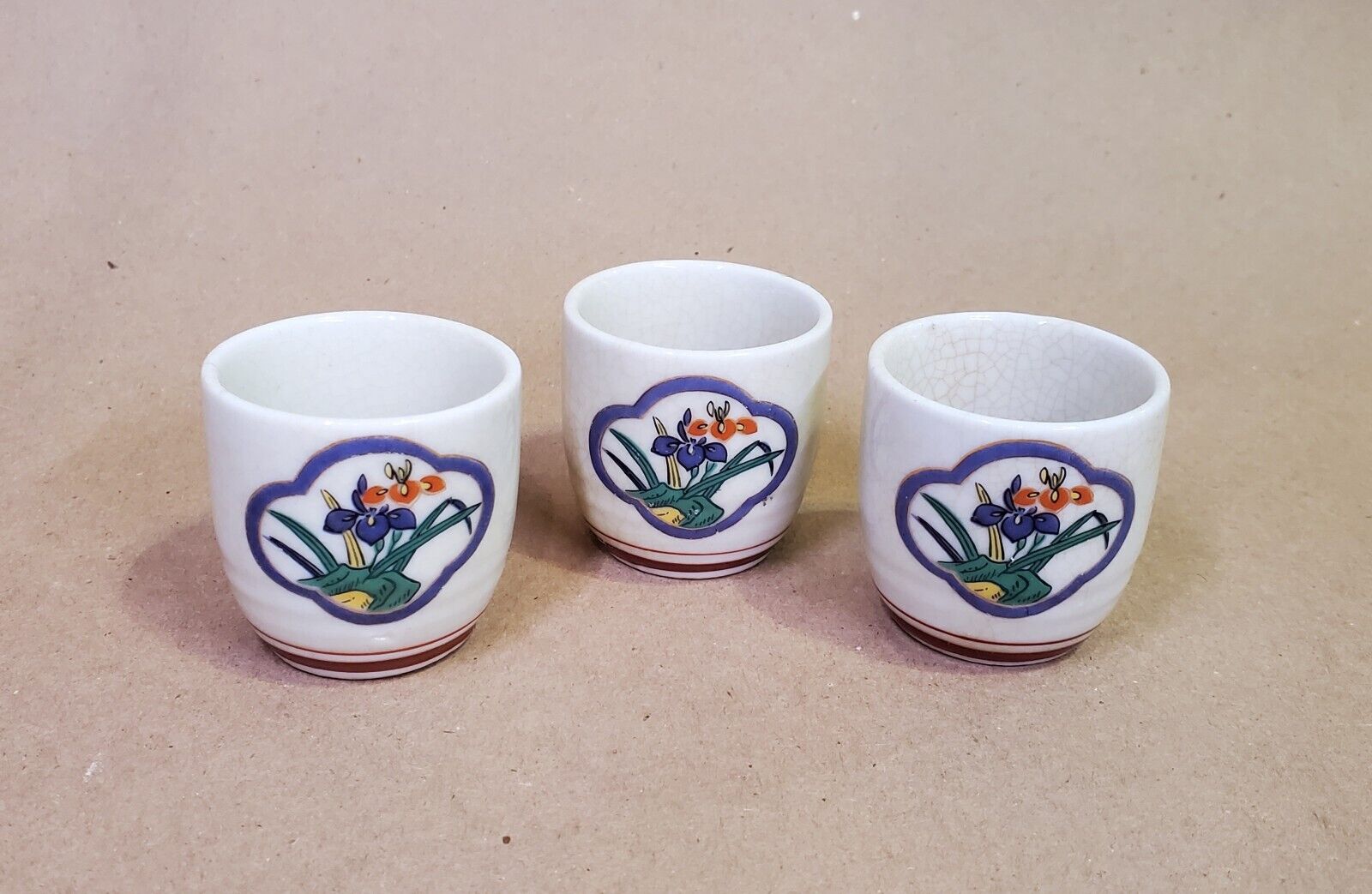 Set of 3 Ceramic Sake Cups White With Red Trim and Orchid Motif Purple Floral