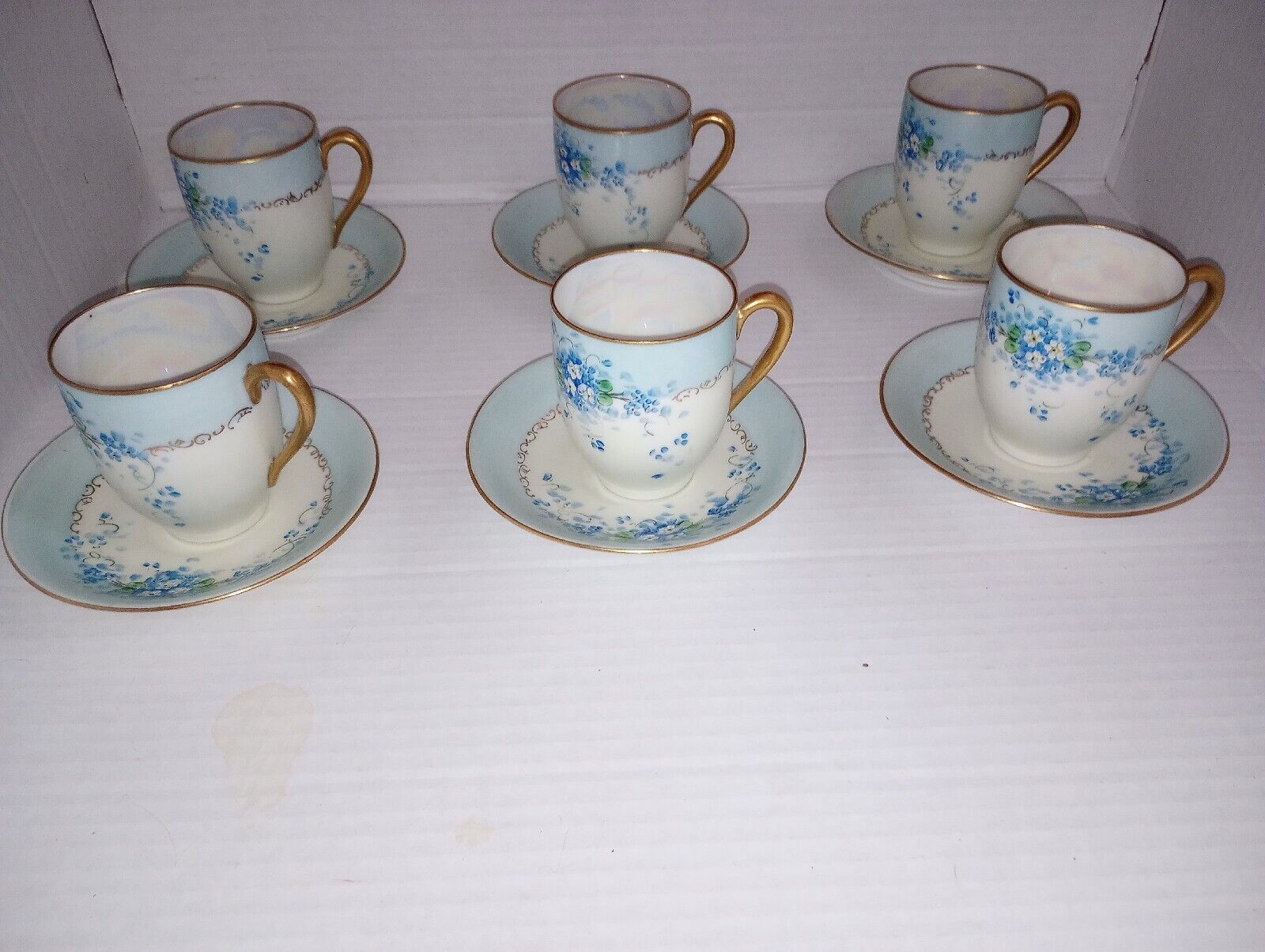 Antique Hand Painted Forget-me-nots Stouffer Teacups And Saucers