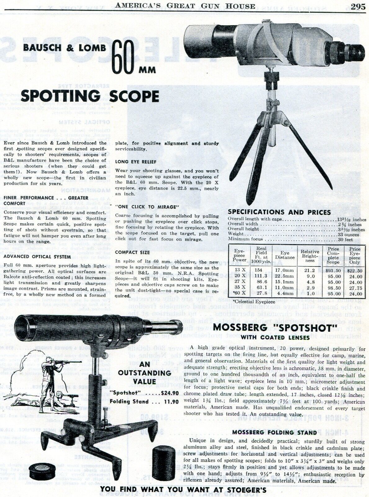 1950 Print Ad of Mossberg Spotshot & Bausch & Lomb B&L Spooting Scope