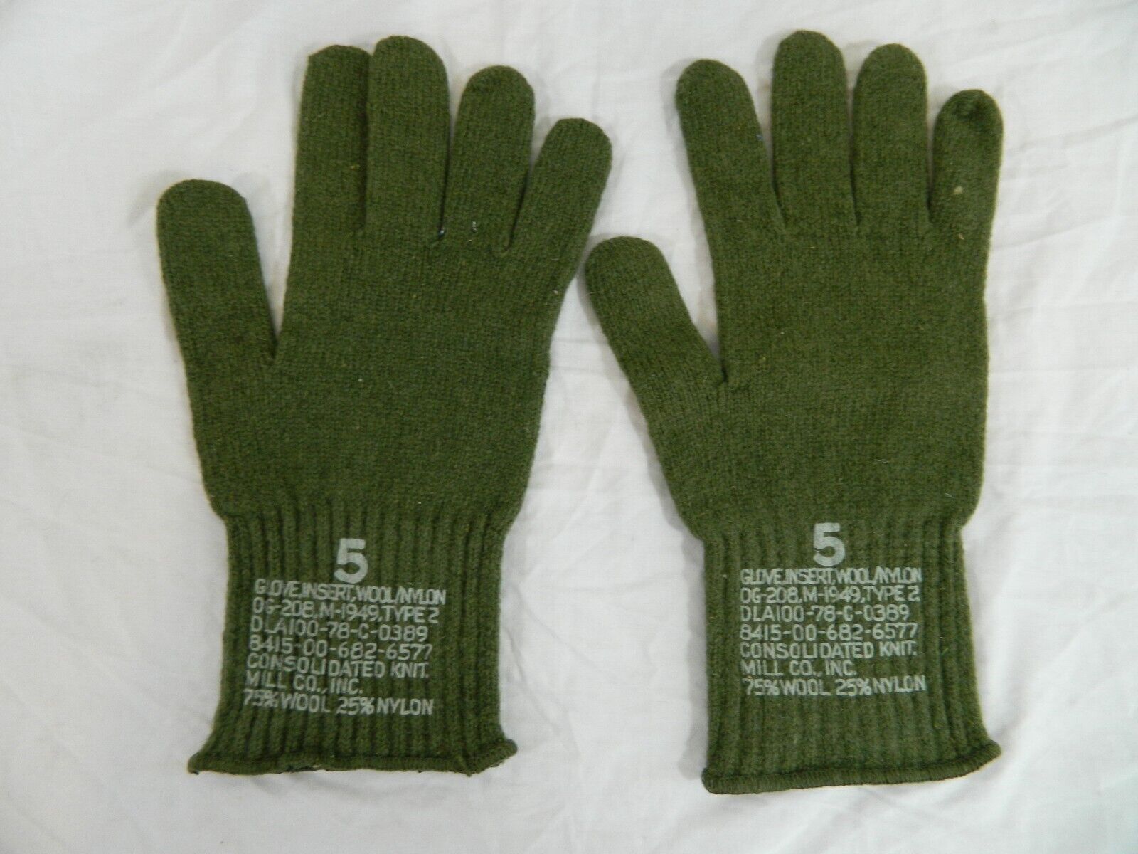 Vtg US Army USMC M-1949 Wool/Nylon Glove Inserts Type 2 OG-208 #5 1978 Military