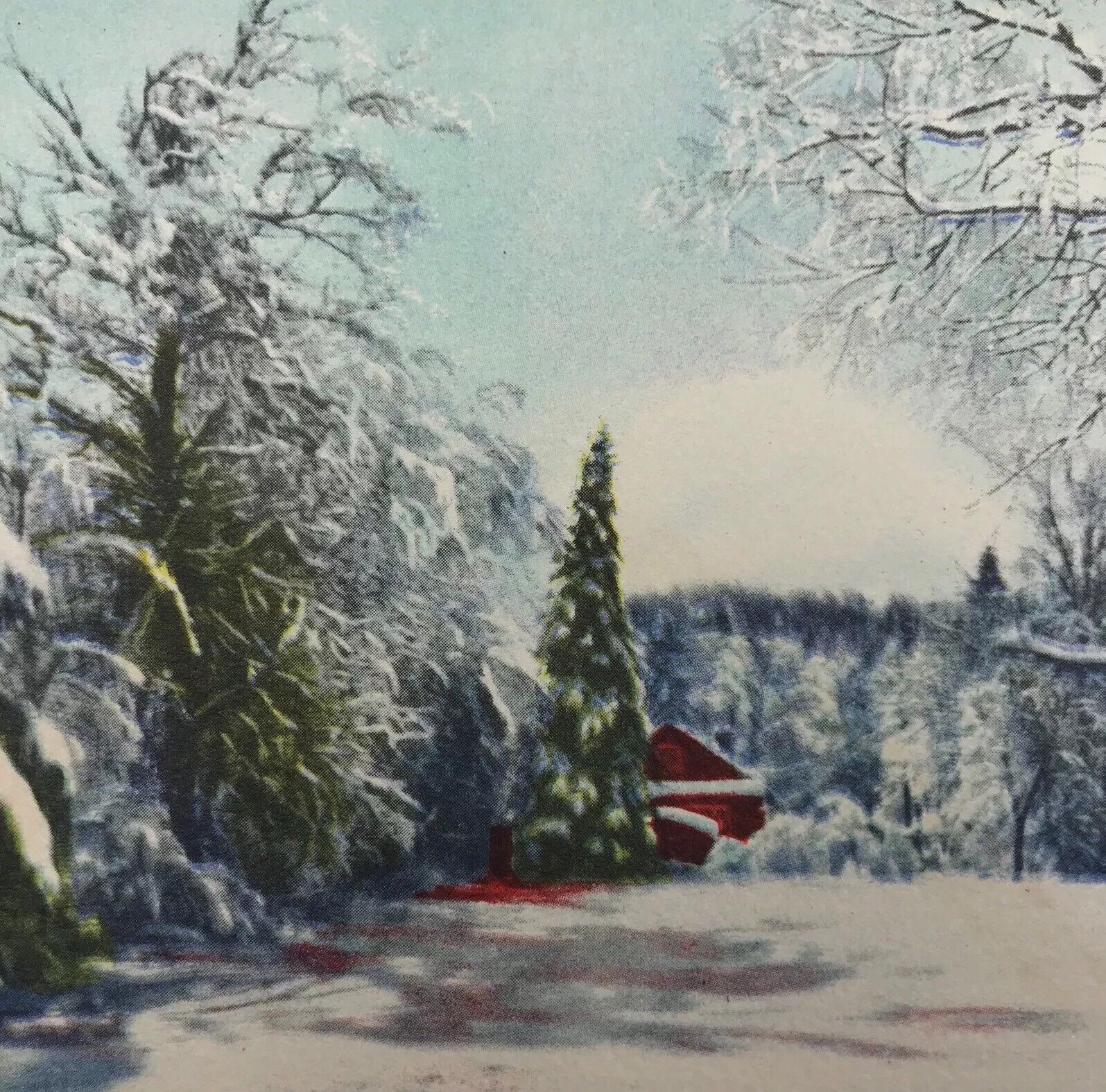 Vintage Mid Century Christmas Greeting Card Cute Snowy Trees House Wintry Scene