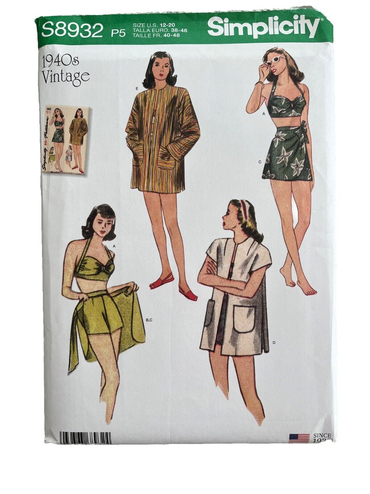 Simplicity 8932 Retro Bikini Shorts Wrap Skirt Lined Coat 1940s Sz 12-20 UNCUT