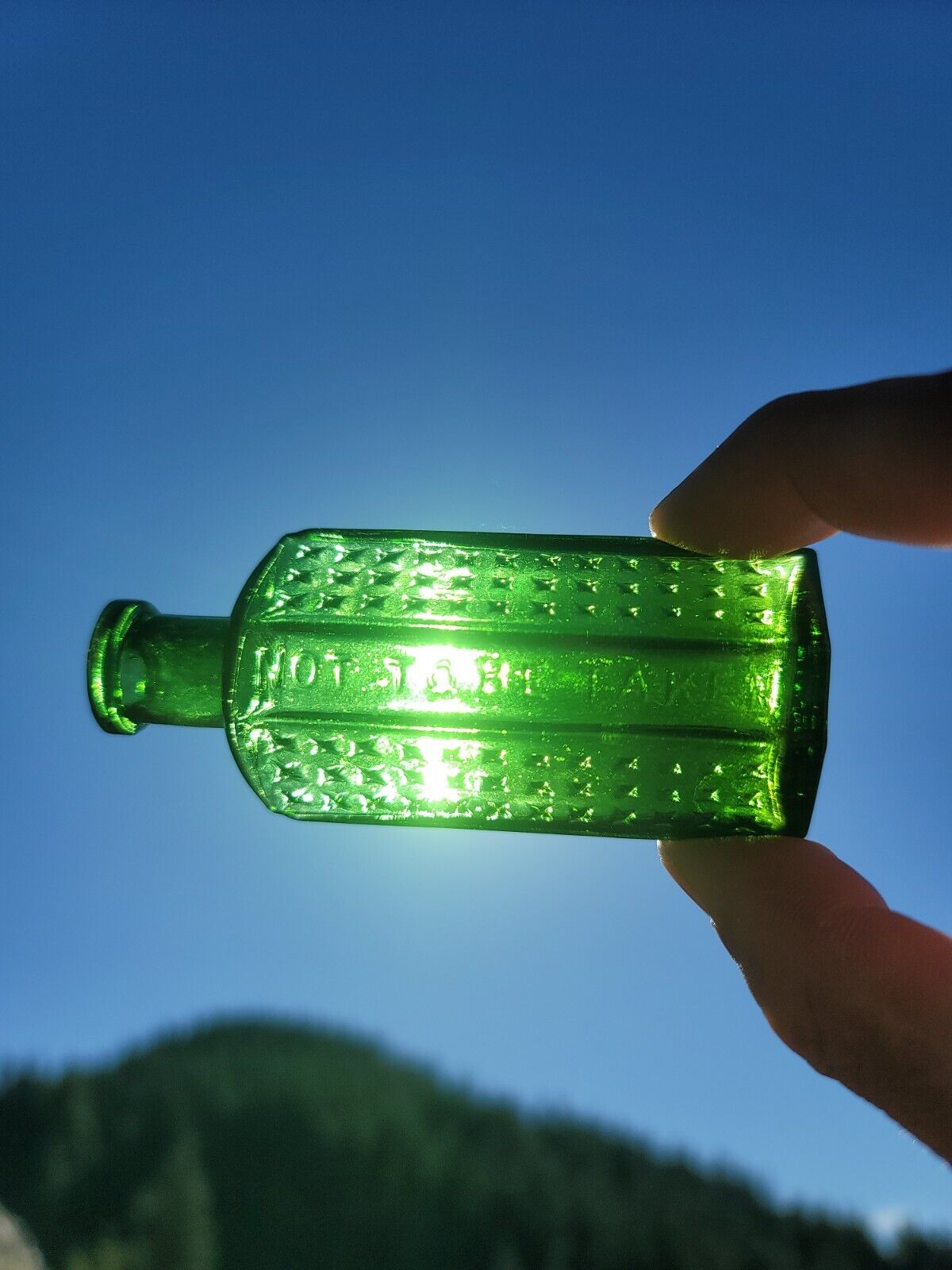 Remarkable Old Emerald Green FLATBACK Poison Bottle☆Antique Green Poison 1½ Oz