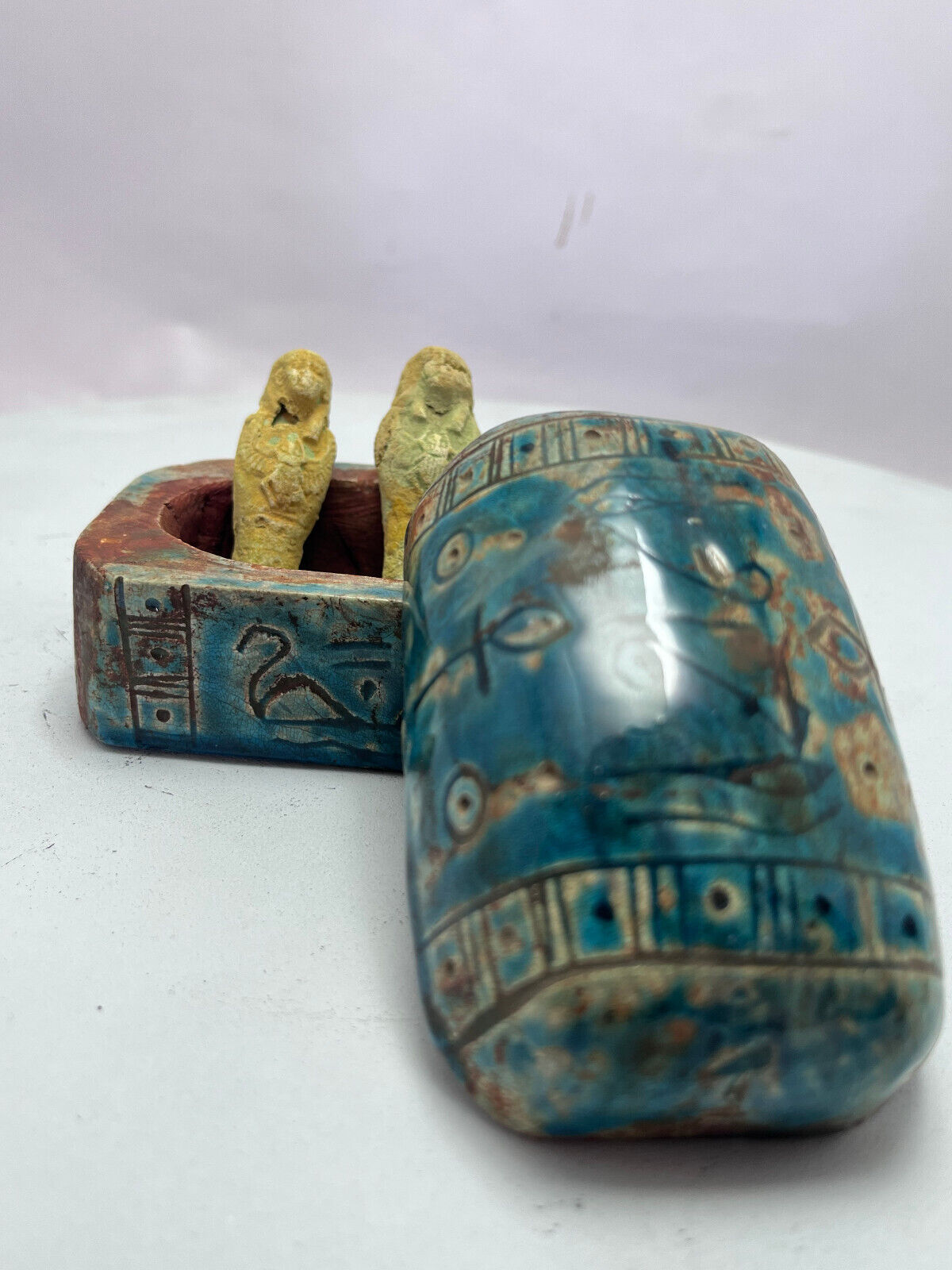 Rare Ancient Egyptian Bc Artifact Box with 2 Ushabti decorated hieroglyphs 