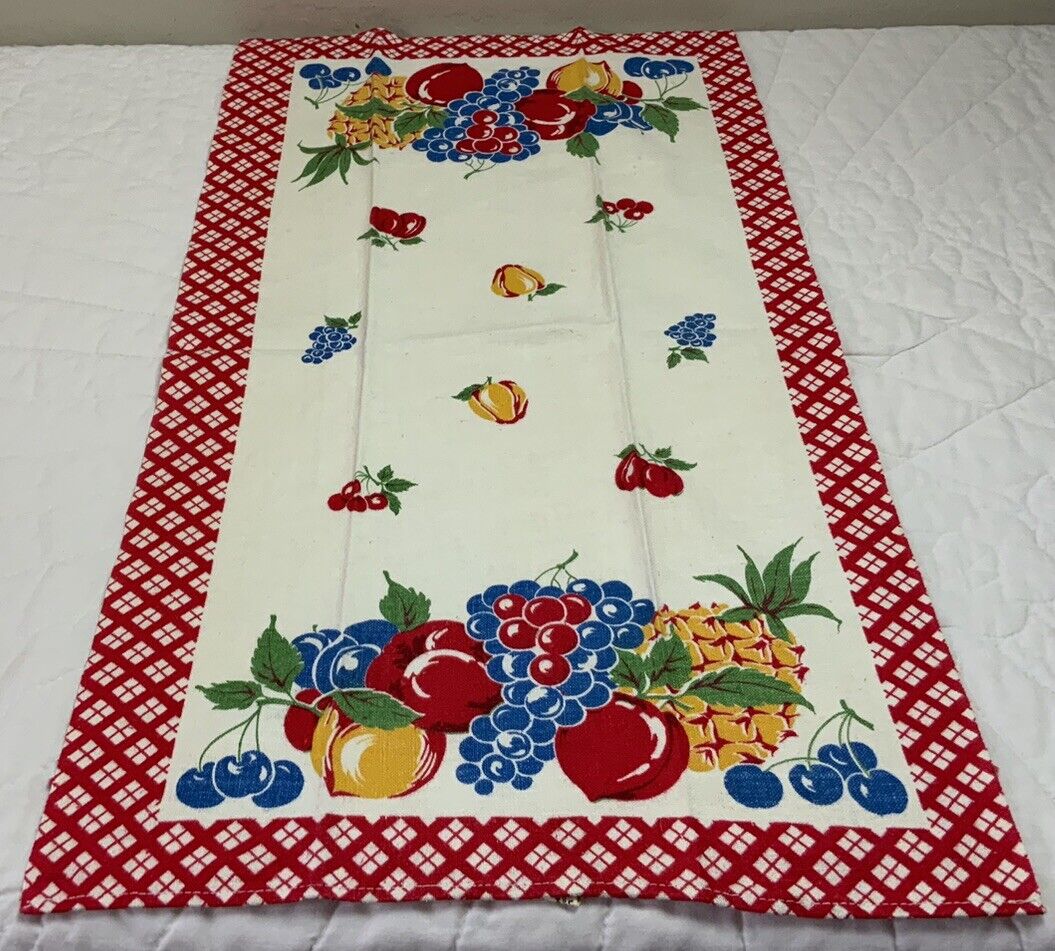 Vintage Kitchen Towel Or Tea Towel, Cotton, Printed Design, Fruit, Grapes, Apple
