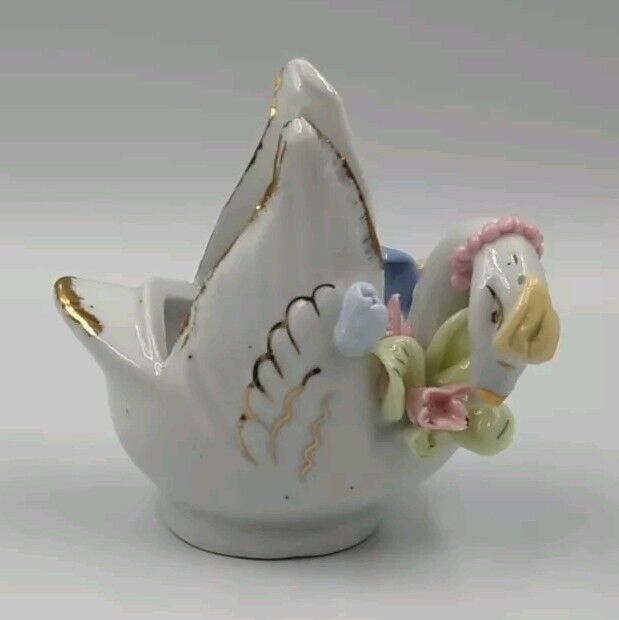 Vintage Porcelain Gold And Floral Swan Trinket Dish
