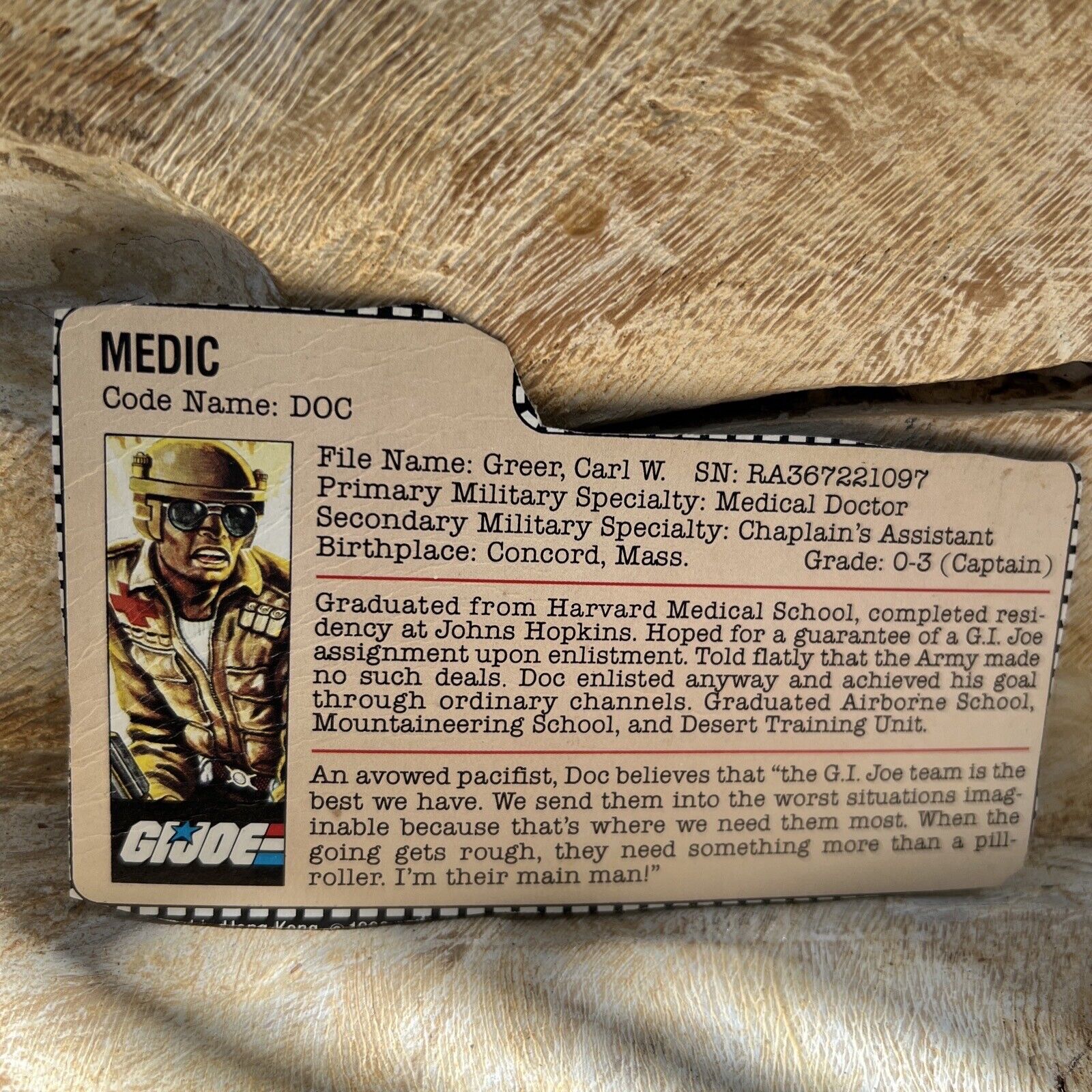 GI Joe 1983 MEDIC Code Name DOC  Trading File Card Only Peach Card 1983