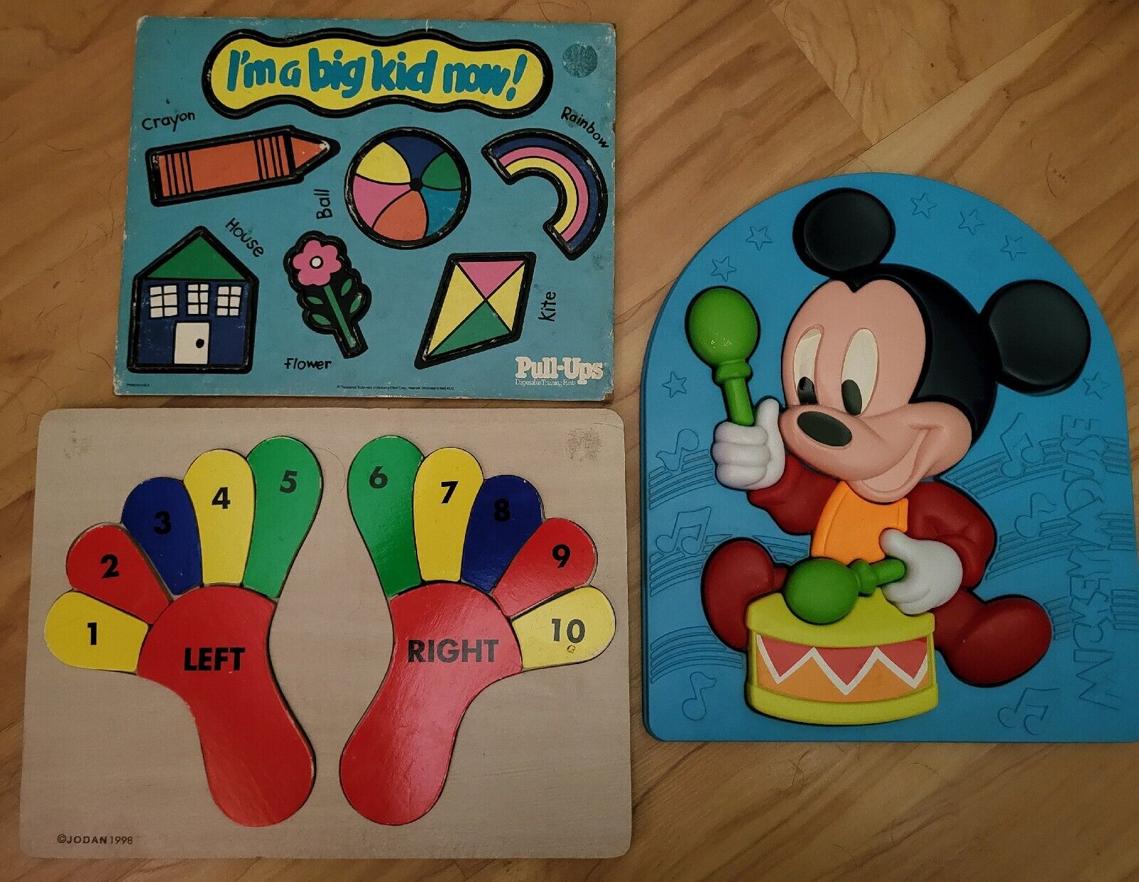 Lot/3 Vintage Disney Baby Mickey Plastic/Feet Wooden/Pull Ups I\'m Big Puzzles