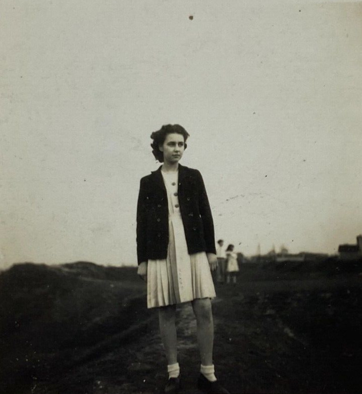 Pretty Woman In Dress Standing On Dirt Looking Away B&W Photograph 2.5 x 2.5