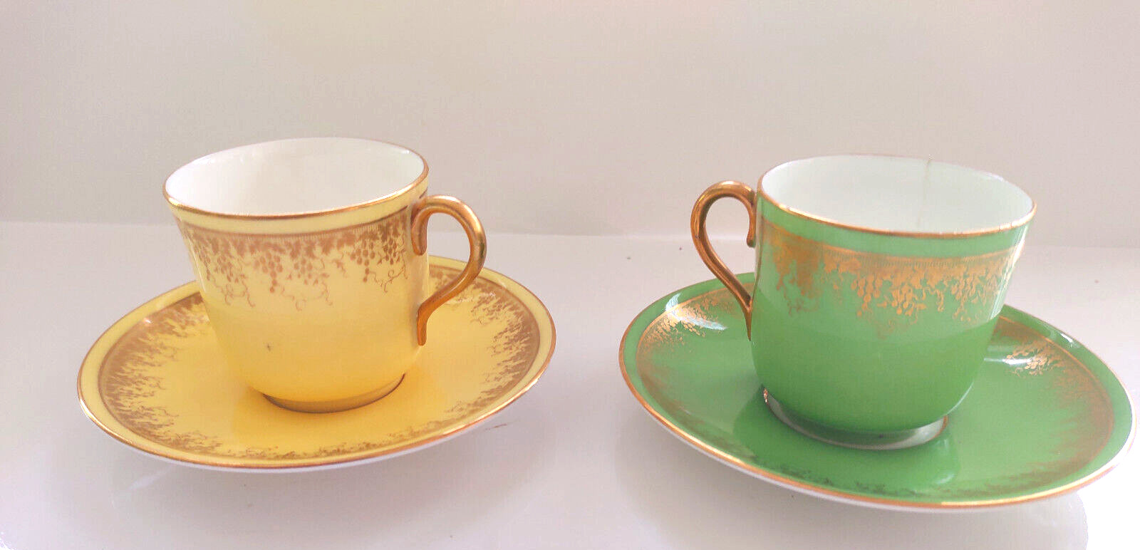 Vintage Coalport Bone China Demitasse Cups & Saucers Sets One Green/One Yellow