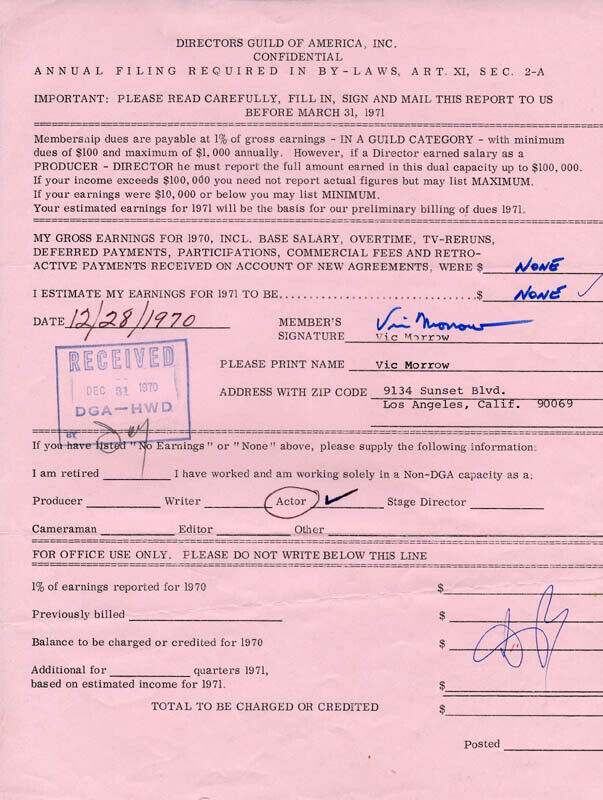 VIC MORROW - DOCUMENT SIGNED 12/28/1970