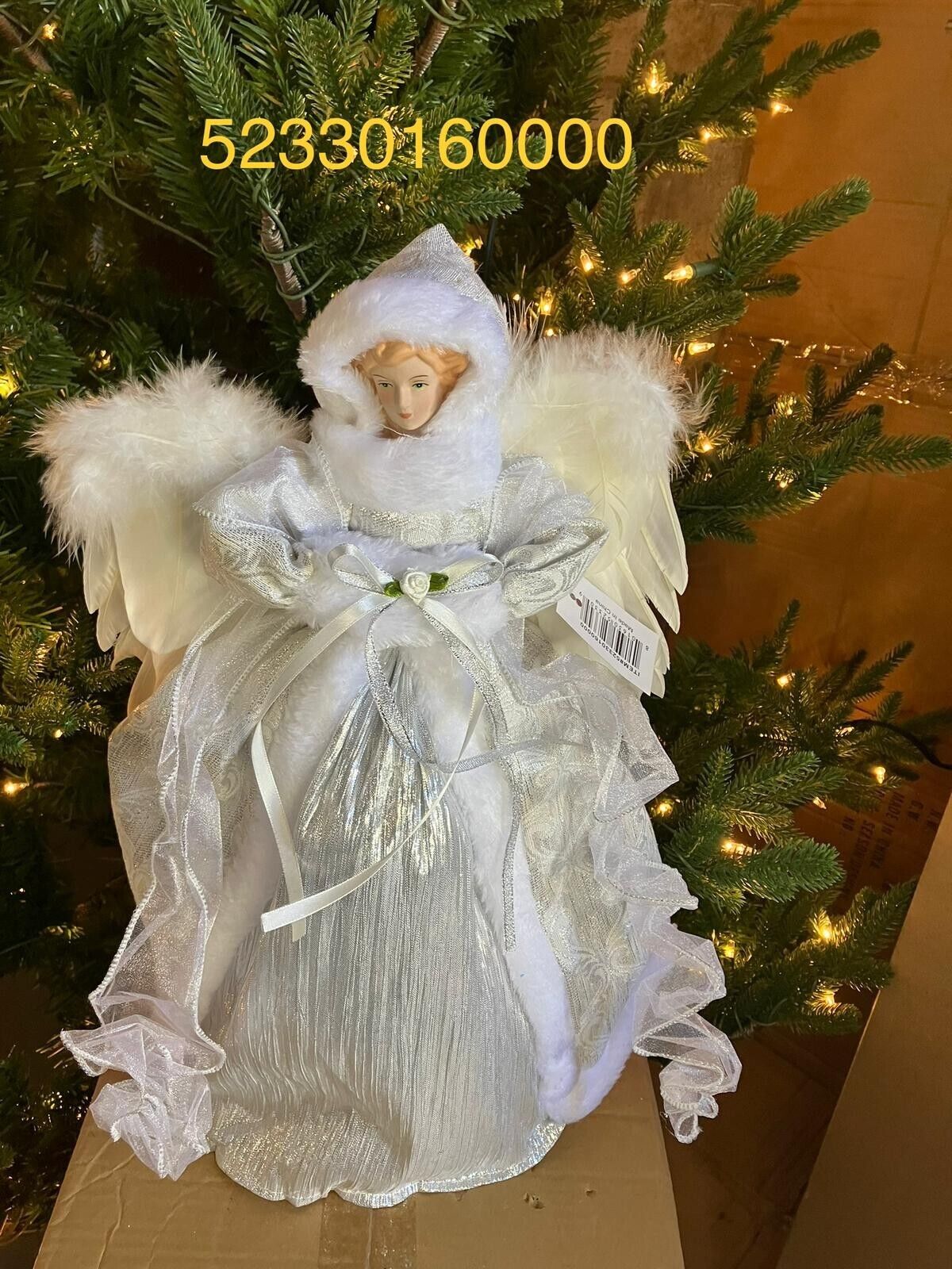 16IN SILVER & WHITE WITH FEATHER WINGS ANGEL CHRISTMAS TREE TOPPER HOLIDAY DECOR