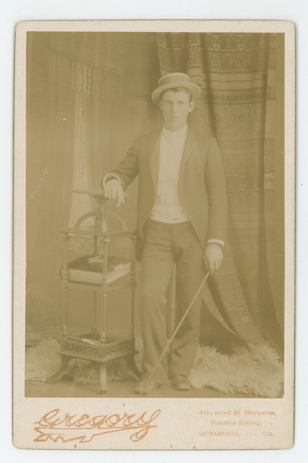 Antique Circa 1890s Cabinet Card Handsome Man Hat & Cane Gregory Sacramento, CA