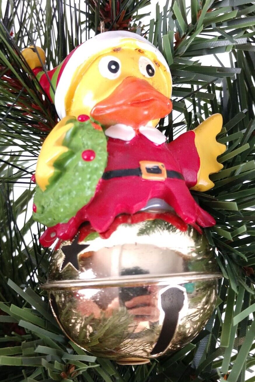 Jingle Bell Ornament Gold Christmas Holiday Duck Bird Resin Vintage