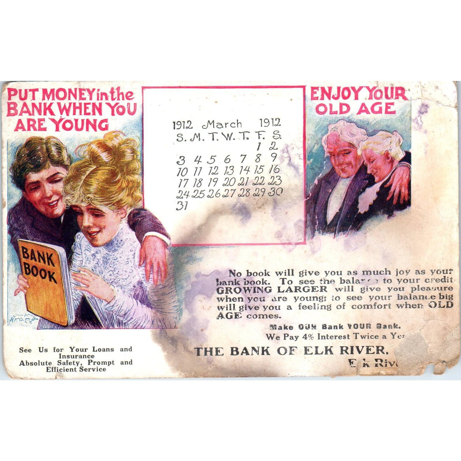 1912 The Bank of Elk River MN Postcard Blotter Enjoy Old Age TH9-SX1