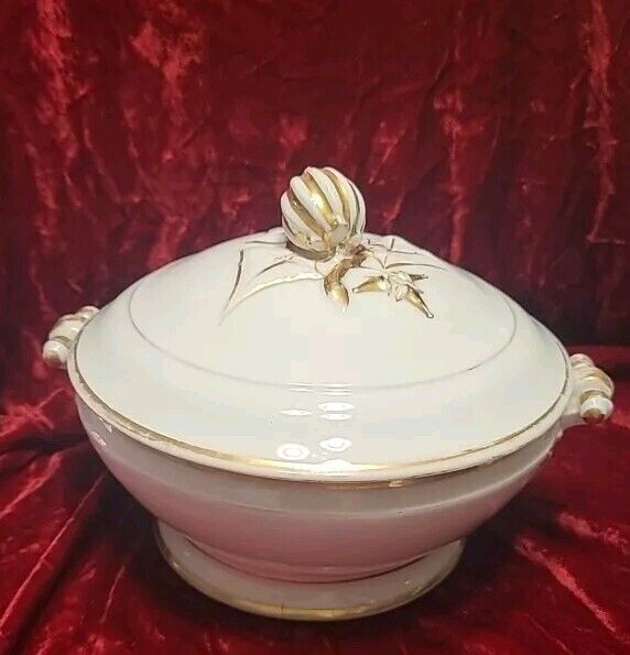1850s French Fine Porcelain Serving Tureen, White W/ Gold Gilding 9\