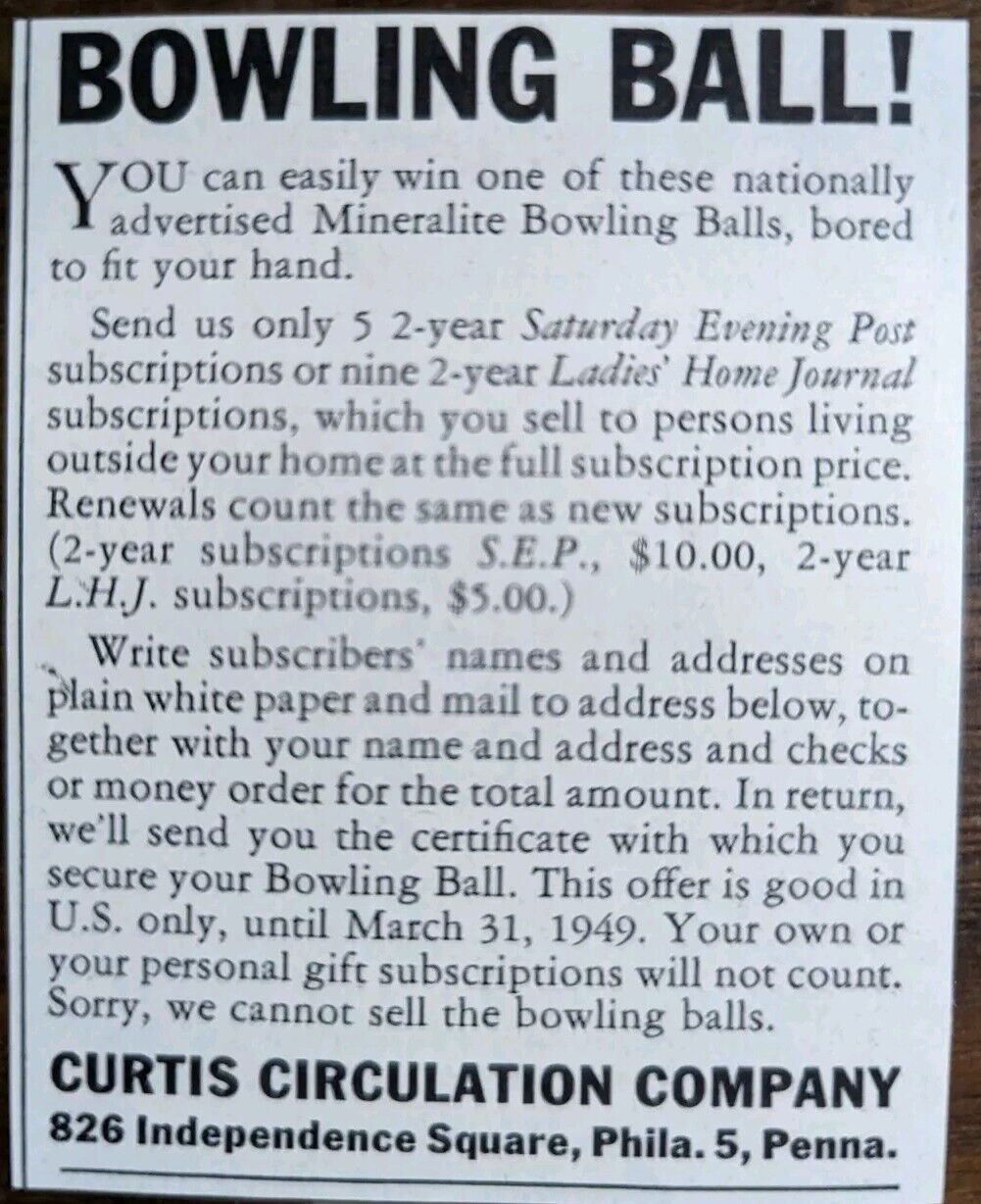 Curtis Circulation Company Bowling Ball 40s Vintage Print Ad