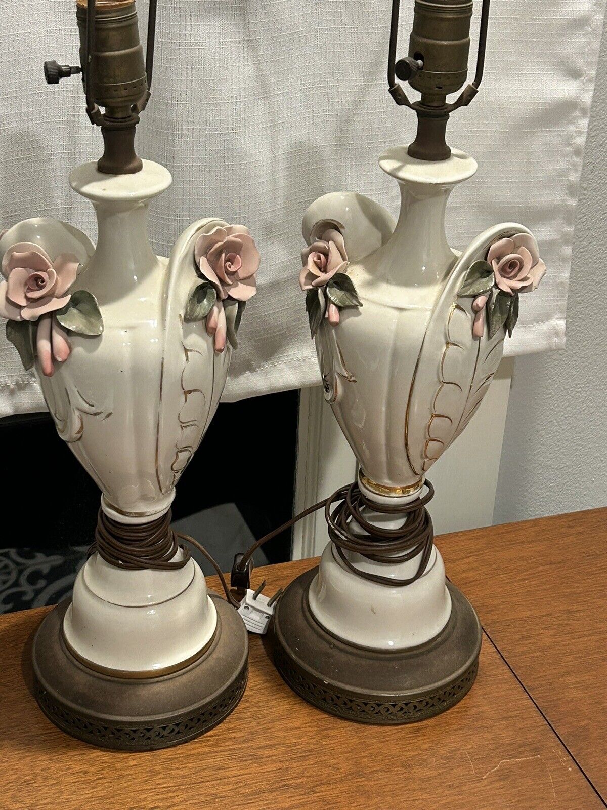Pair CORDEY Lamps Ivory Porcelain Attached Roses Pink Gold 28” Shabby Chic